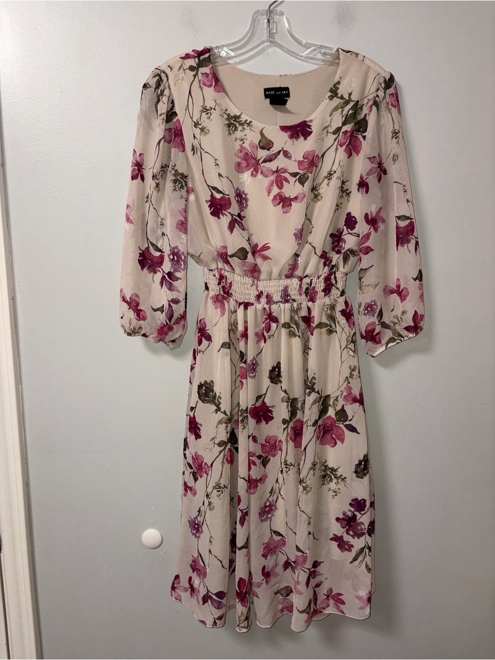 Kate & Lily Beige Floral Chiffon Dress Botanical Flowers Elbow Sleeves Boho 8